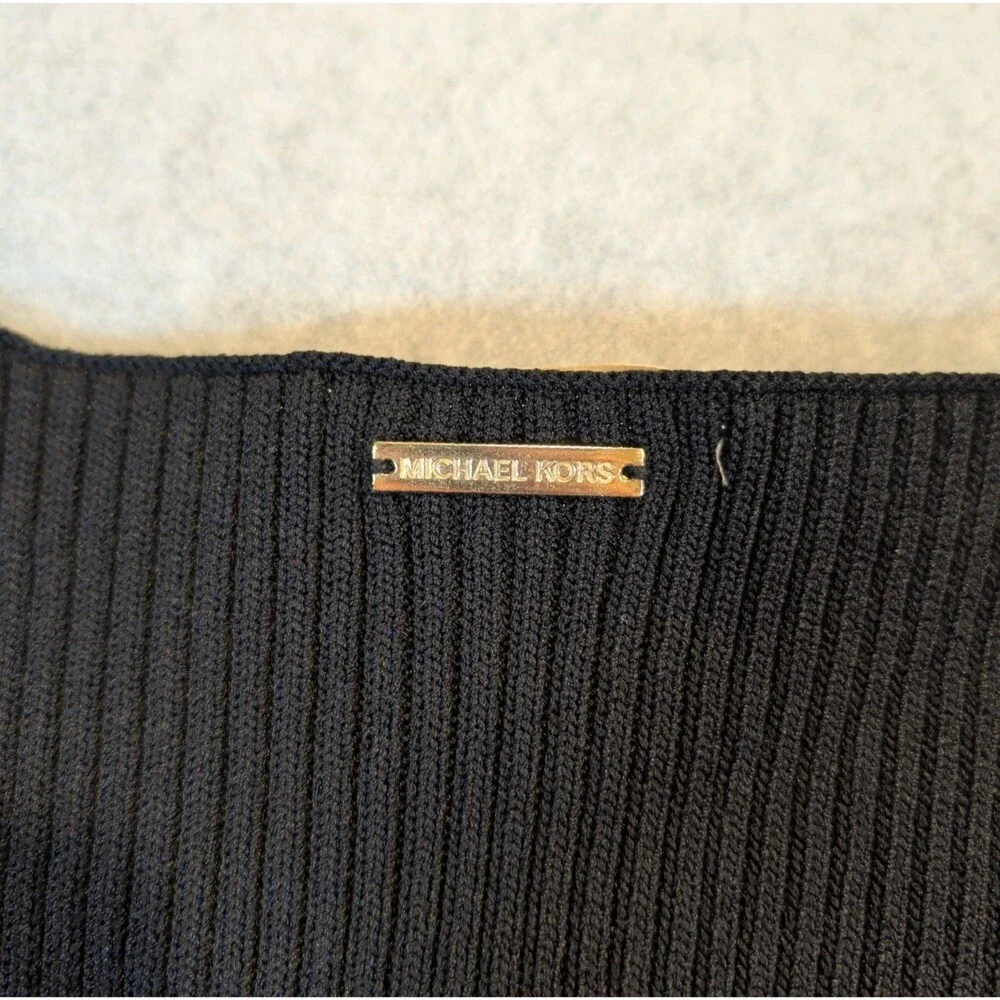 Michael Kors Womens L Black Ribbed Knit Bodycon Midi Dress V-Neck Sleeveless